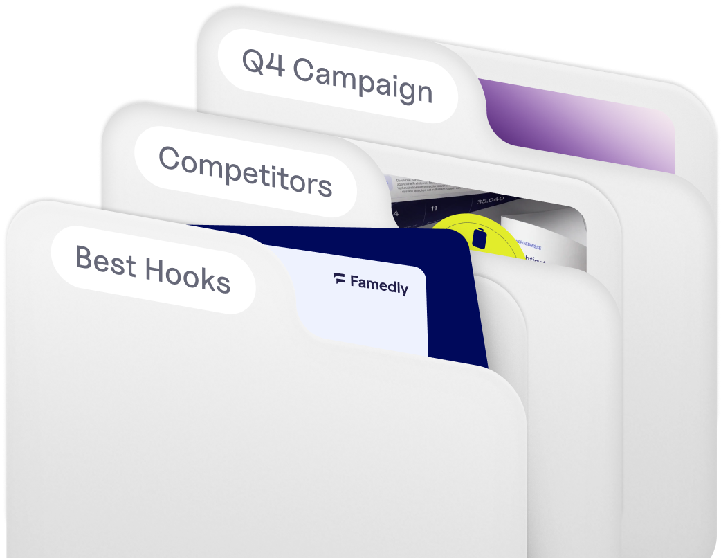 Ads sorted into folders: Best Hooks, Competitors, Q4 Campaign