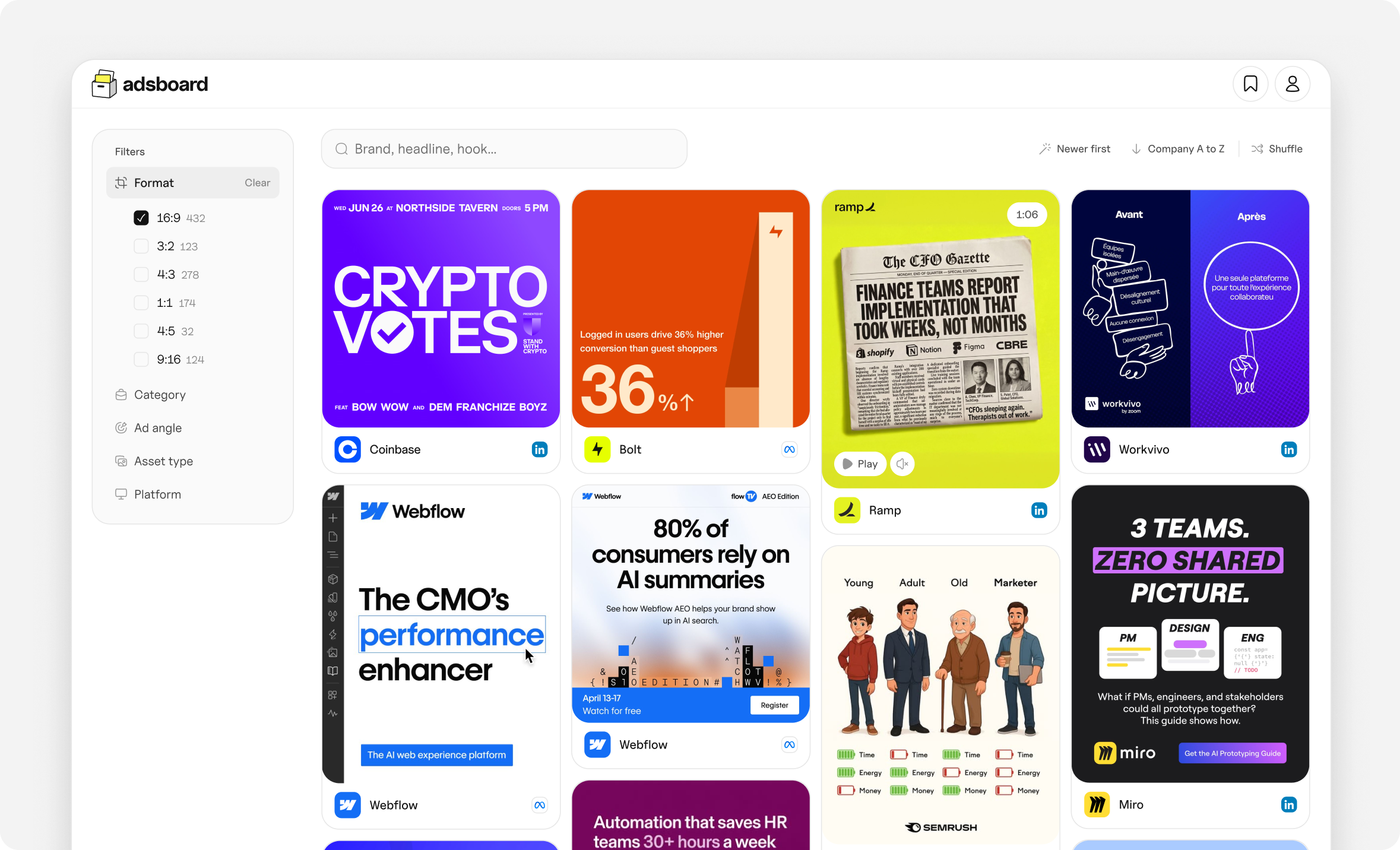 adsboard library with filters by format, platform and category